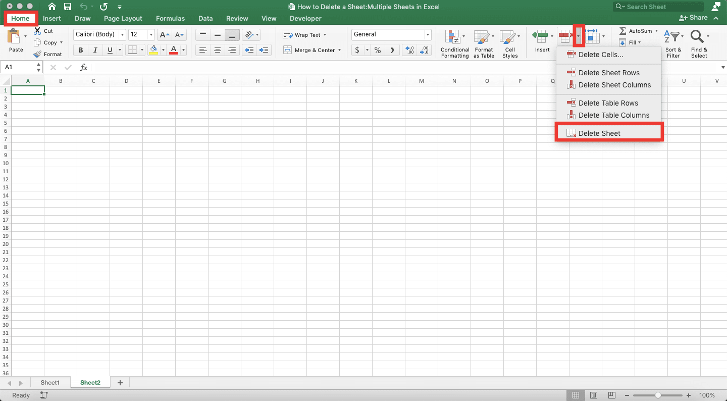 How to Delete a Sheet/Multiple Sheets in Excel - Screenshot of the Delete Button Method, Step 2