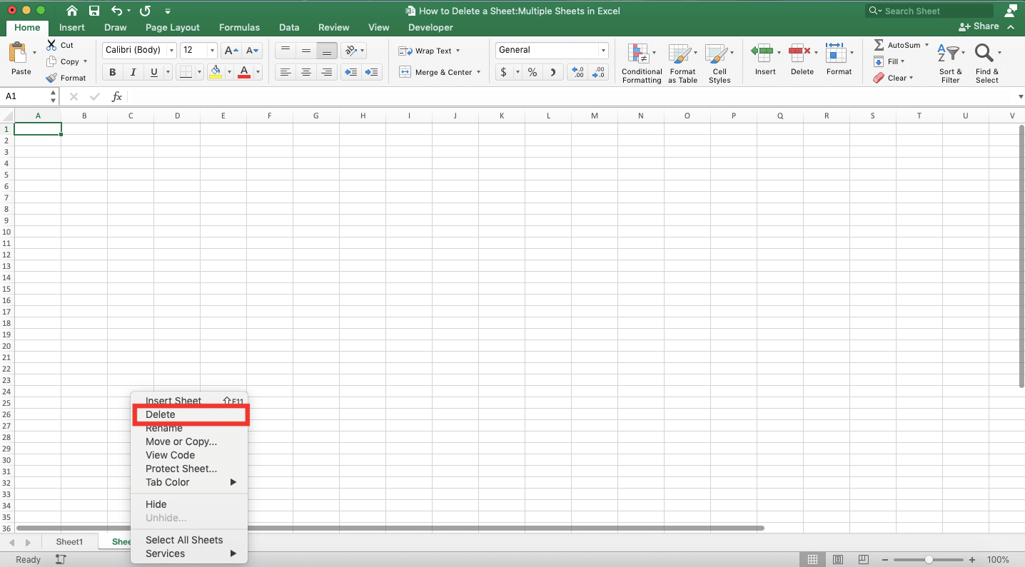 How to Delete a Sheet/Multiple Sheets in Excel - Screenshot of the Right-Click Method, Step 1