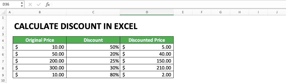 How to Calculate Discount in Excel: Examples and Formulas - Screenshot of a General Example for Discount Calculations