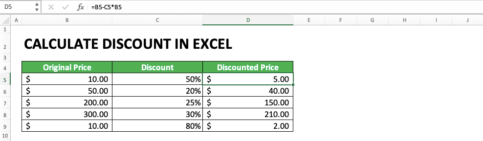 How to Calculate Discount in Excel: Examples and Formulas - Screenshot of an Example for the Discounted Price Calculations