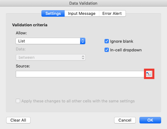 How to Create a Drop-down List in Excel - Screenshot of the Source Text Box Button Location 1