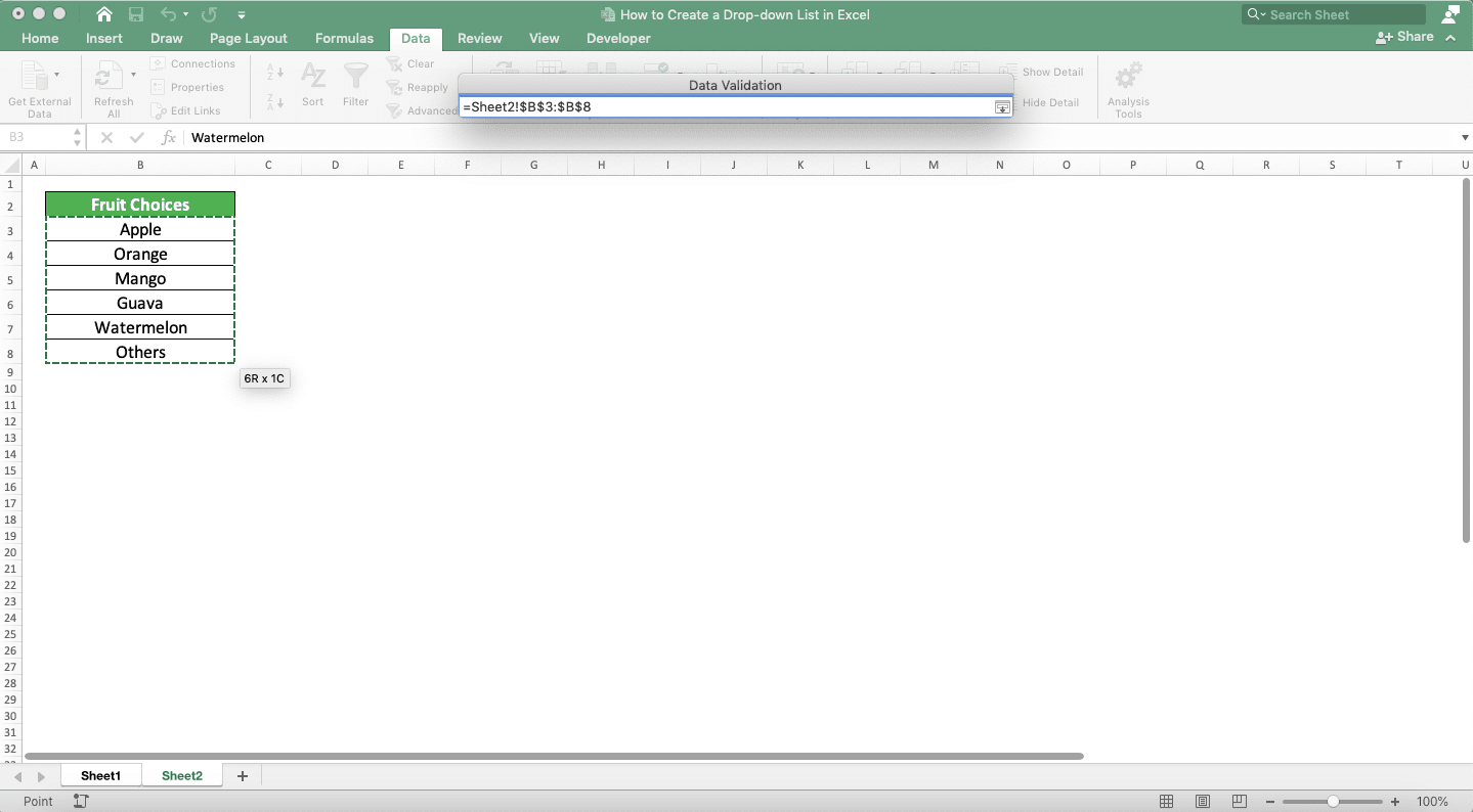 How to Create a Drop-down List in Excel - Screenshot of the Cell Range Input Result Example by Dragging in the Source Text Box