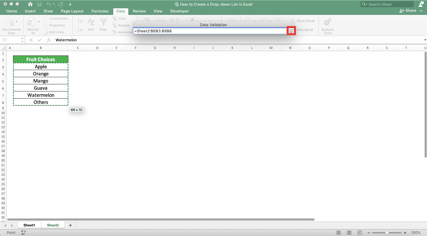 How to Create a Drop-down List in Excel - Screenshot of the Source Text Box Button Location 2