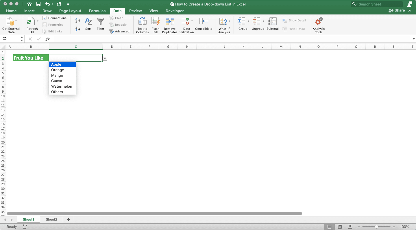 How to Create a Drop-down List in Excel - Screenshot of the Example of a Drop-down with Choices from a Cell Range