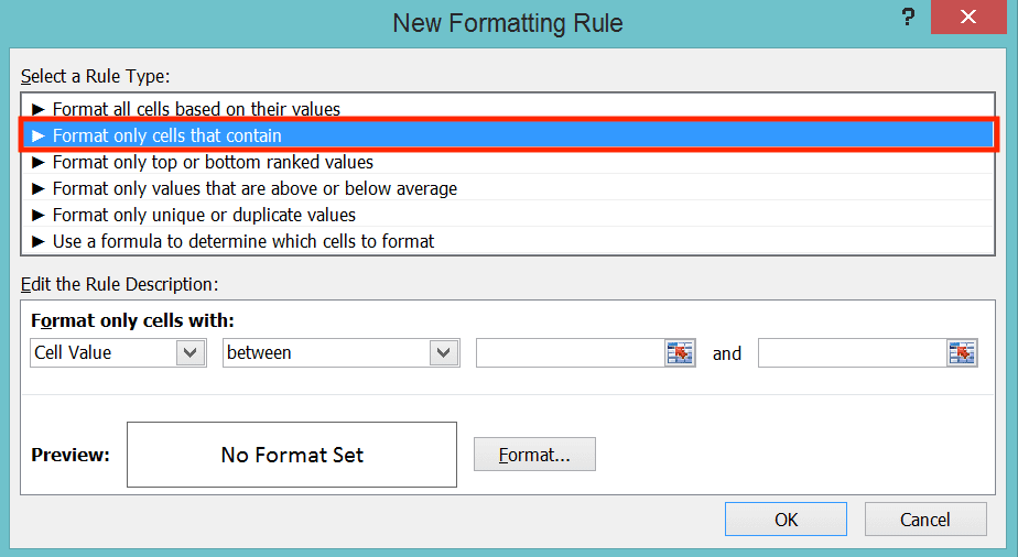 How to Create a Drop-down List in Excel - Screenshot of the Format only cells that contain Choice Location in the Select a Rule Type Box