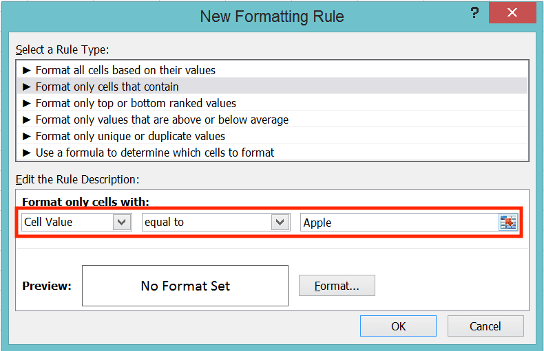 How to Create a Drop-down List in Excel - Screenshot of the First Drop-down Choice Input Example in the Conditional Formatting Dialog Box