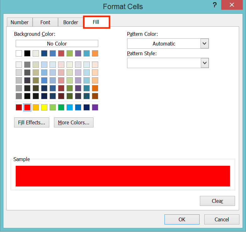 How to Create a Drop-down List in Excel - Screenshot of the Fill Tab Location in the Conditional Formatting Dialog Box