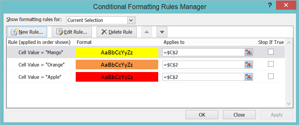 How to Create a Drop-down List in Excel - Screenshot of the Color Rule Example for All Drop-down Choices