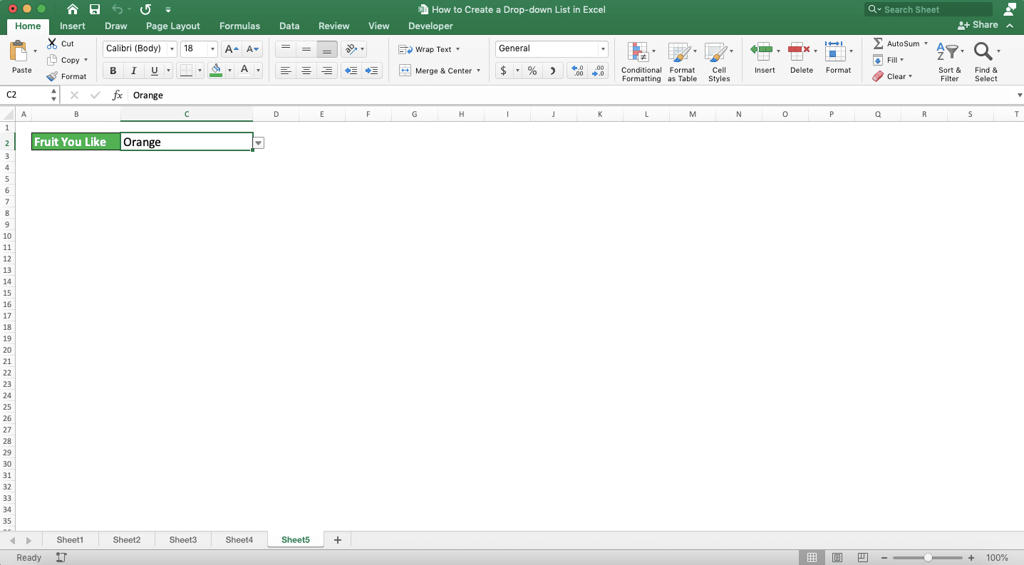 How to Create a Drop-down List in Excel - Screenshot of the Creation of a Drop-down List with a Default Value, Step 1