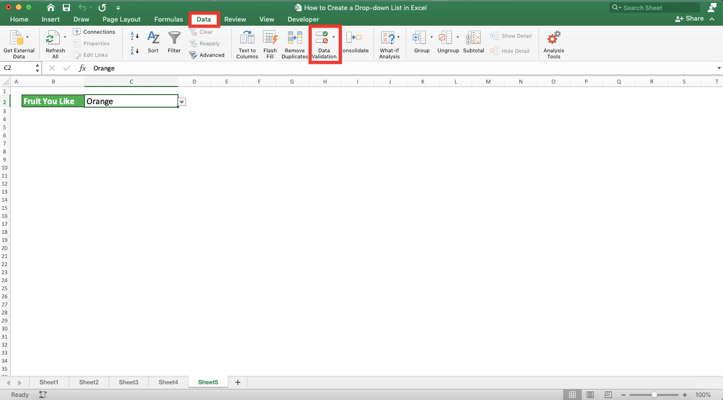 How to Create a Drop-down List in Excel - Screenshot of the Creation of a Drop-down List with a Default Value, Step 2