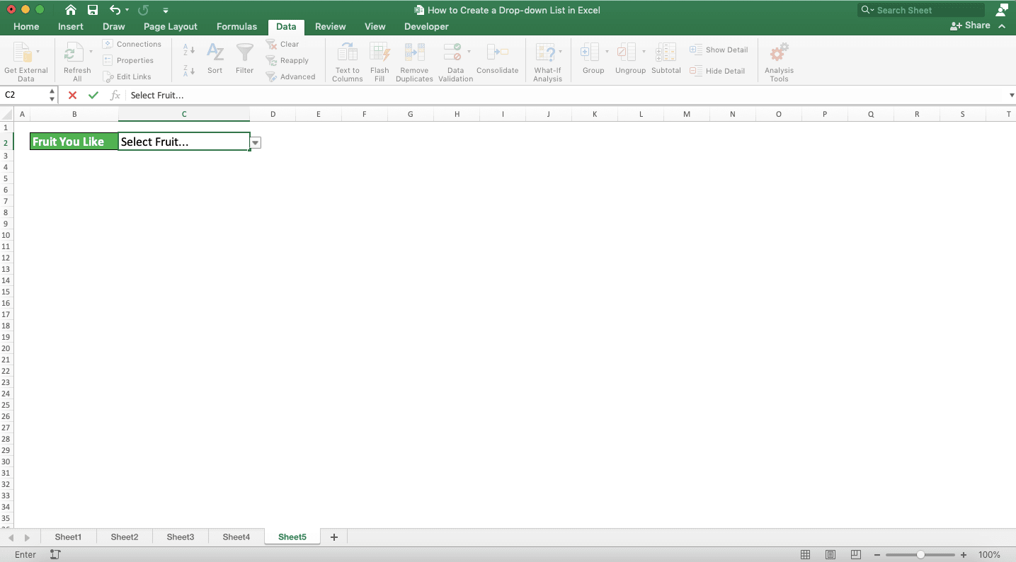 How to Create a Drop-down List in Excel - Screenshot of the Creation of a Drop-down List with a Default Value, Step 4