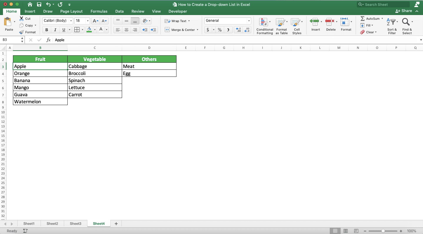 How to Create a Drop-down List in Excel - Screenshot of the References for the Conditional/Dependent Drop-down Creation Example