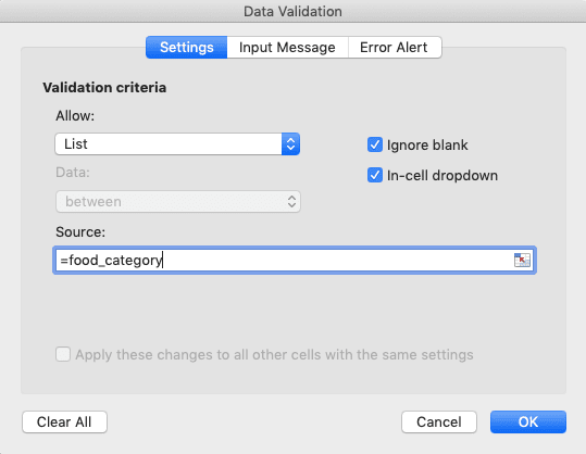 How to Create a Drop-down List in Excel - Screenshot of the Cell Range Name Input as a Drop-down Choices Source Example