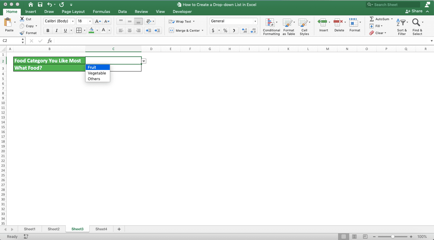 How to Create a Drop-down List in Excel - Screenshot of a Drop-down Example with a Cell Range Name as Its Choices Source