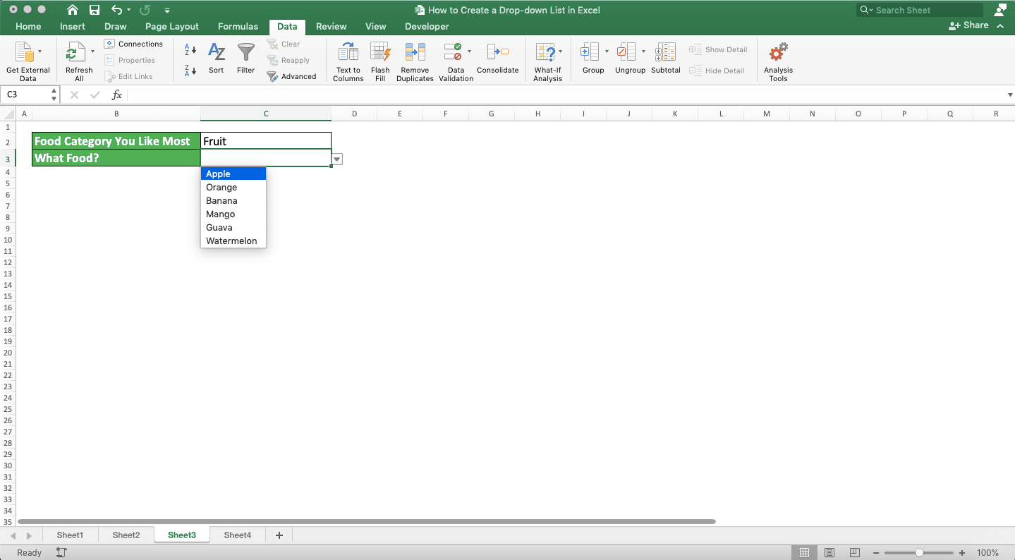 How to Create a Drop-down List in Excel - Screenshot of the Conditional/Dependent Drop-down List Example 1