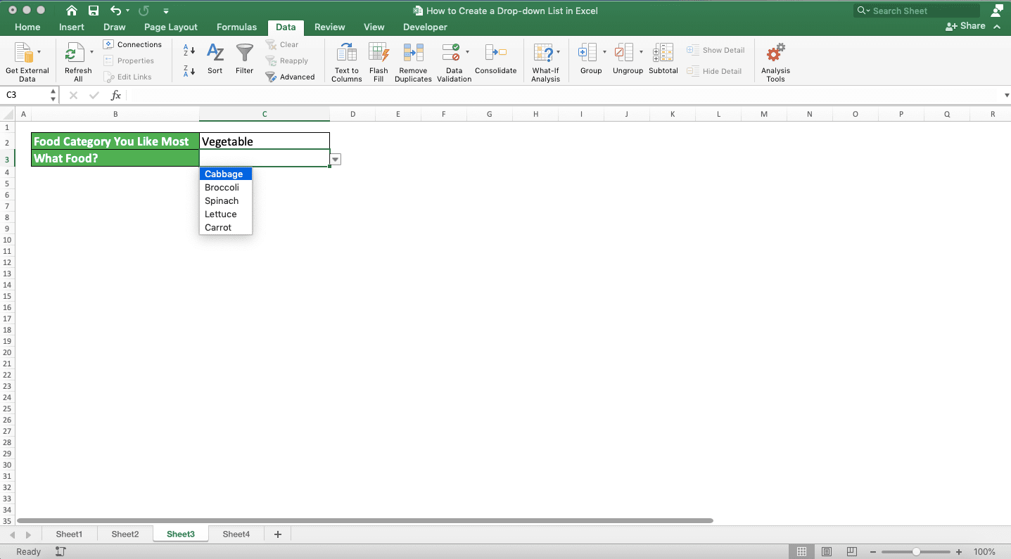 How to Create a Drop-down List in Excel - Screenshot of the Conditional/Dependent Drop-down List Example 2