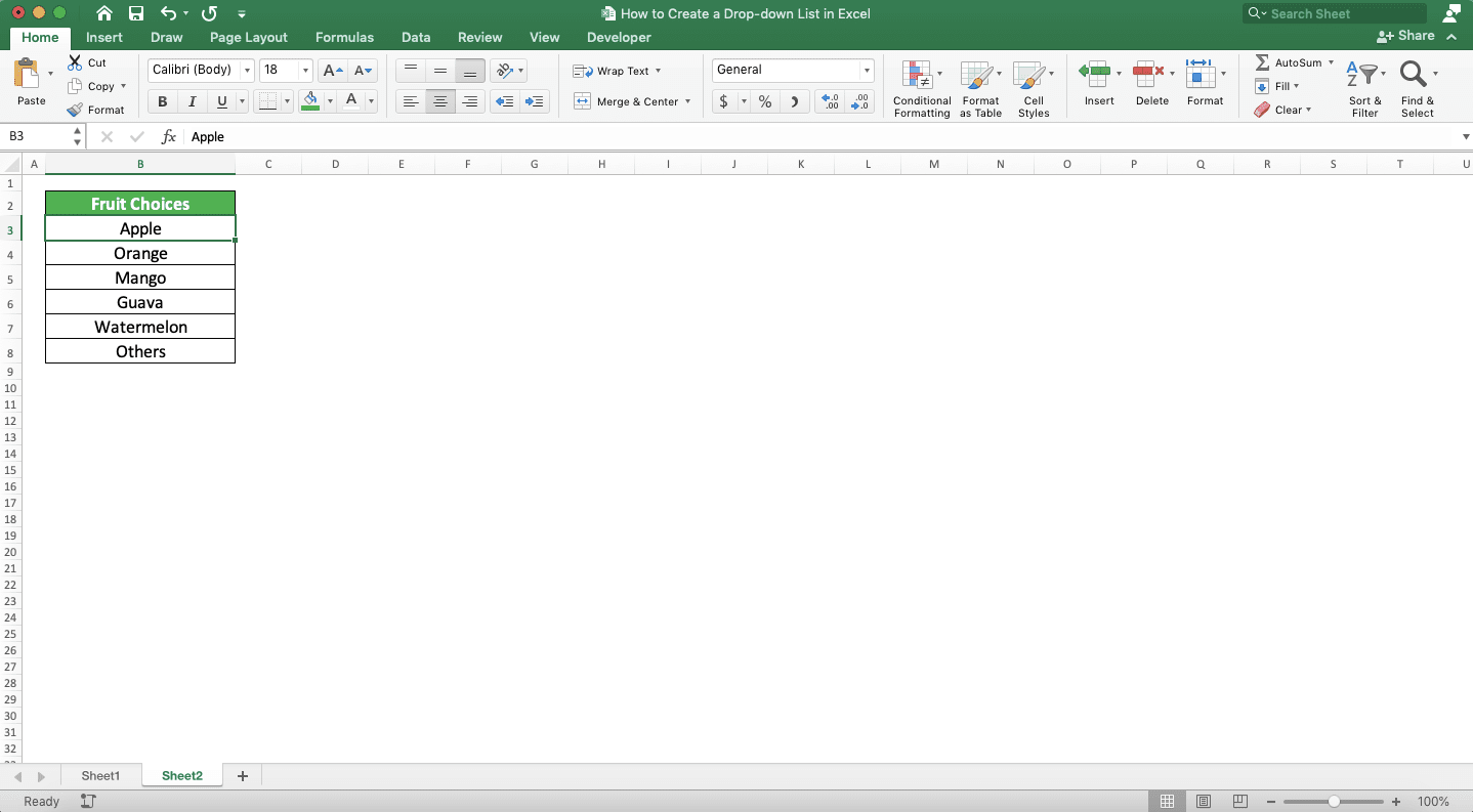 How to Create a Drop-down List in Excel - Screenshot of the Drop-down Choices Source for the Dynamic Drop-down Creation Example