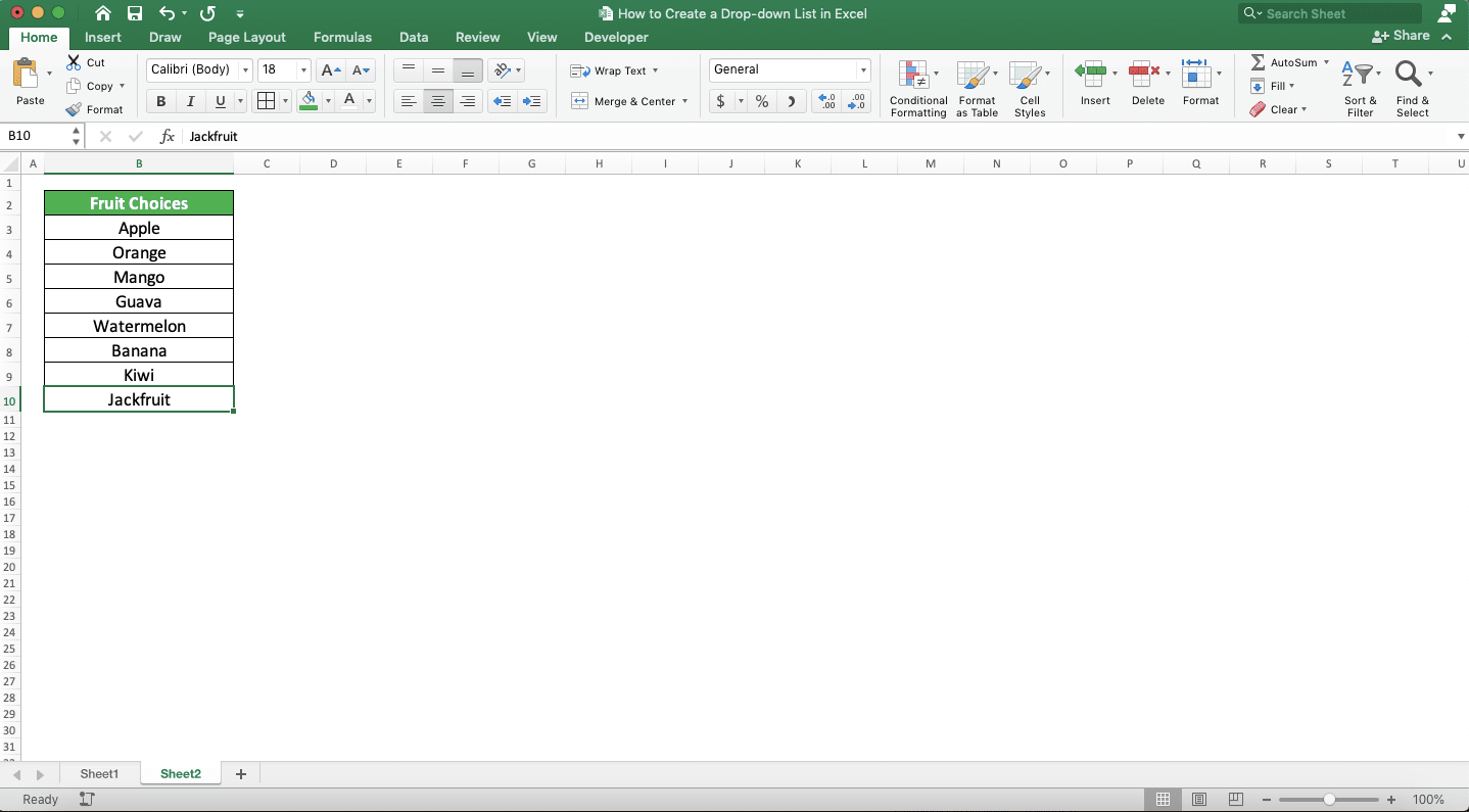 How to Create a Drop-down List in Excel - Screenshot of the New Data Example in the Dynamic Drop-down Cell Range Source