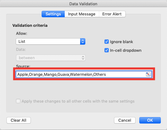 How to Create a Drop-down List in Excel - Screenshot of the Source Text Box Location to Edit Drop-down Choices Which We Type Manually