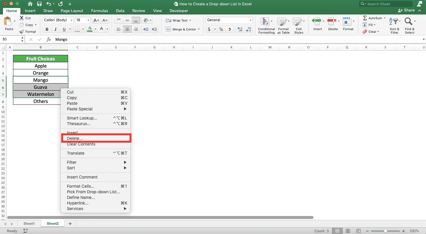 How to Create a Drop-down List in Excel - Screenshot of the Delete... Choice Location in the Cell Right-Click Menu