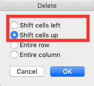 How to Create a Drop-down List in Excel - Screenshot of the Shift Cells Up and Shift Cells Left Choices Locations in the Delete Dialog Box