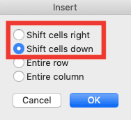How to Create a Drop-down List in Excel - Screenshot of the Shift Cells Down and Shift Cells Right Choices Locations in the Insert Dialog Box
