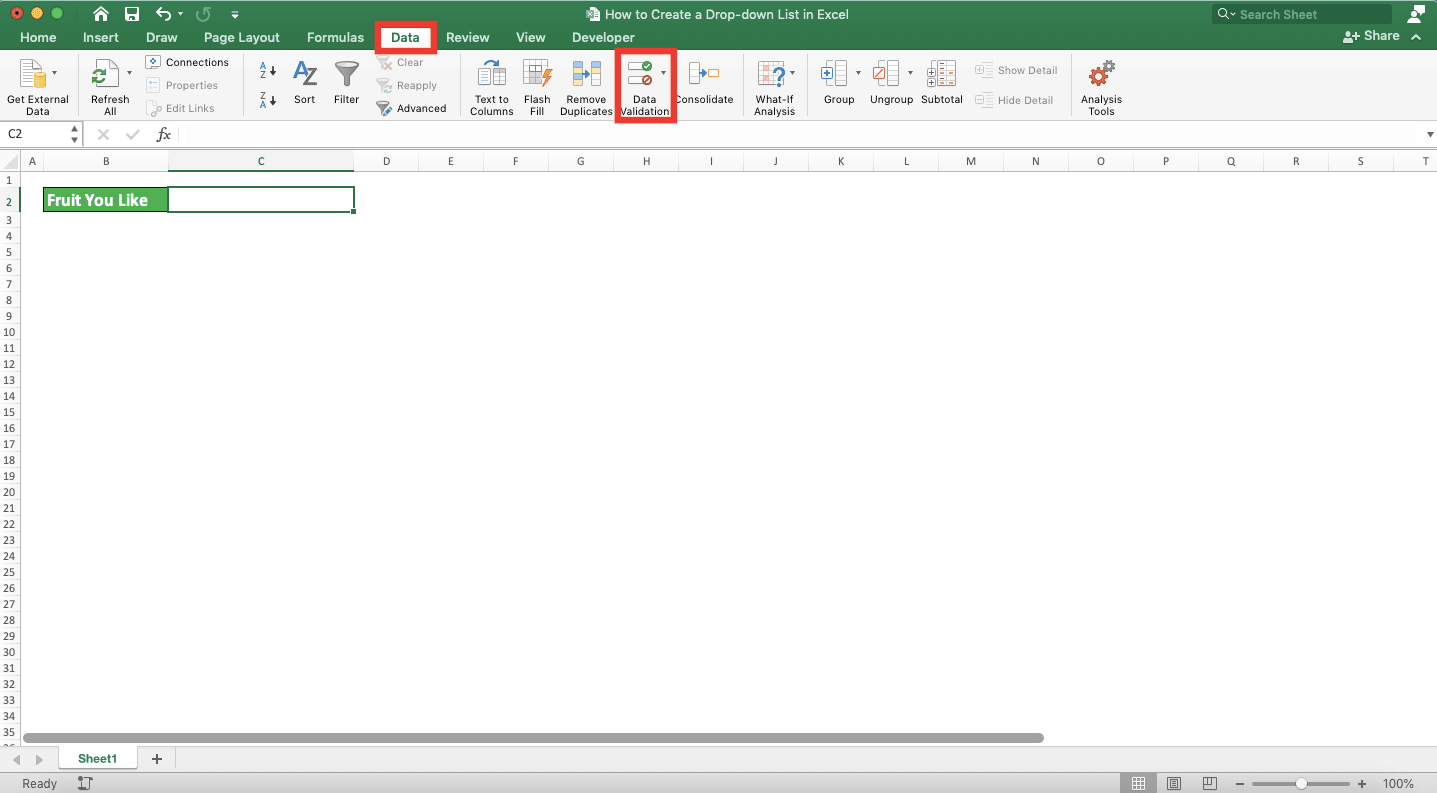 How to Create a Drop-down List in Excel - Screenshot of Step 2