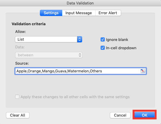 How to Create a Drop-down List in Excel - Screenshot of Step 6