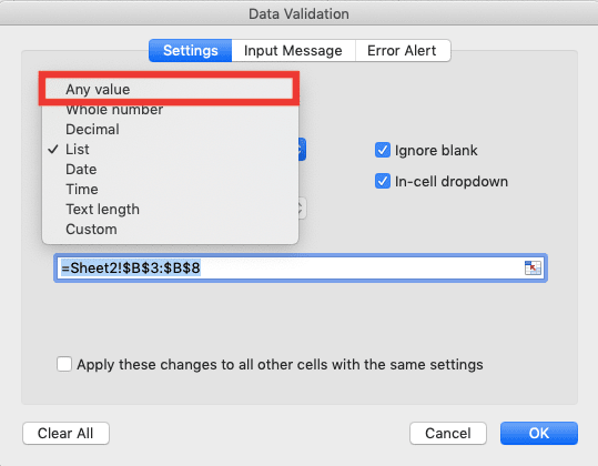 How to Create a Drop-down List in Excel - Screenshot of the Any Value Choice Location in the Allow Dropdown