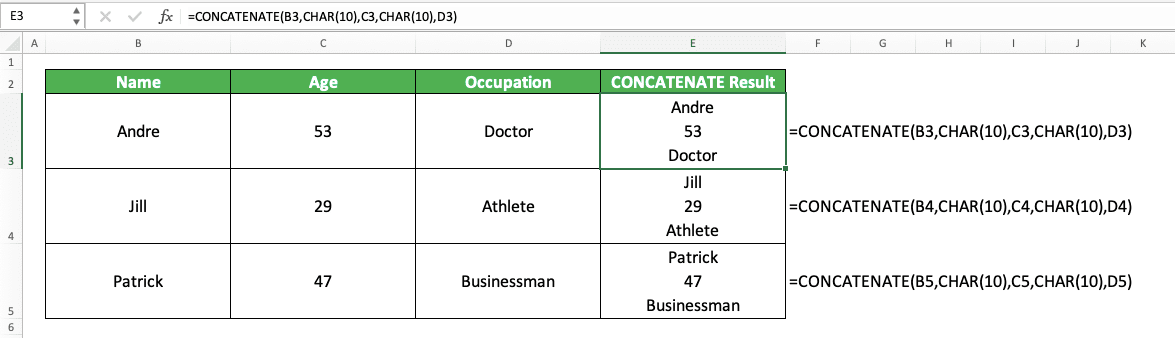 How to Enter and Make a New Line in an Excel Cell - Screenshot of the CONCATENATE with CHAR(10) Implementation Example in Excel