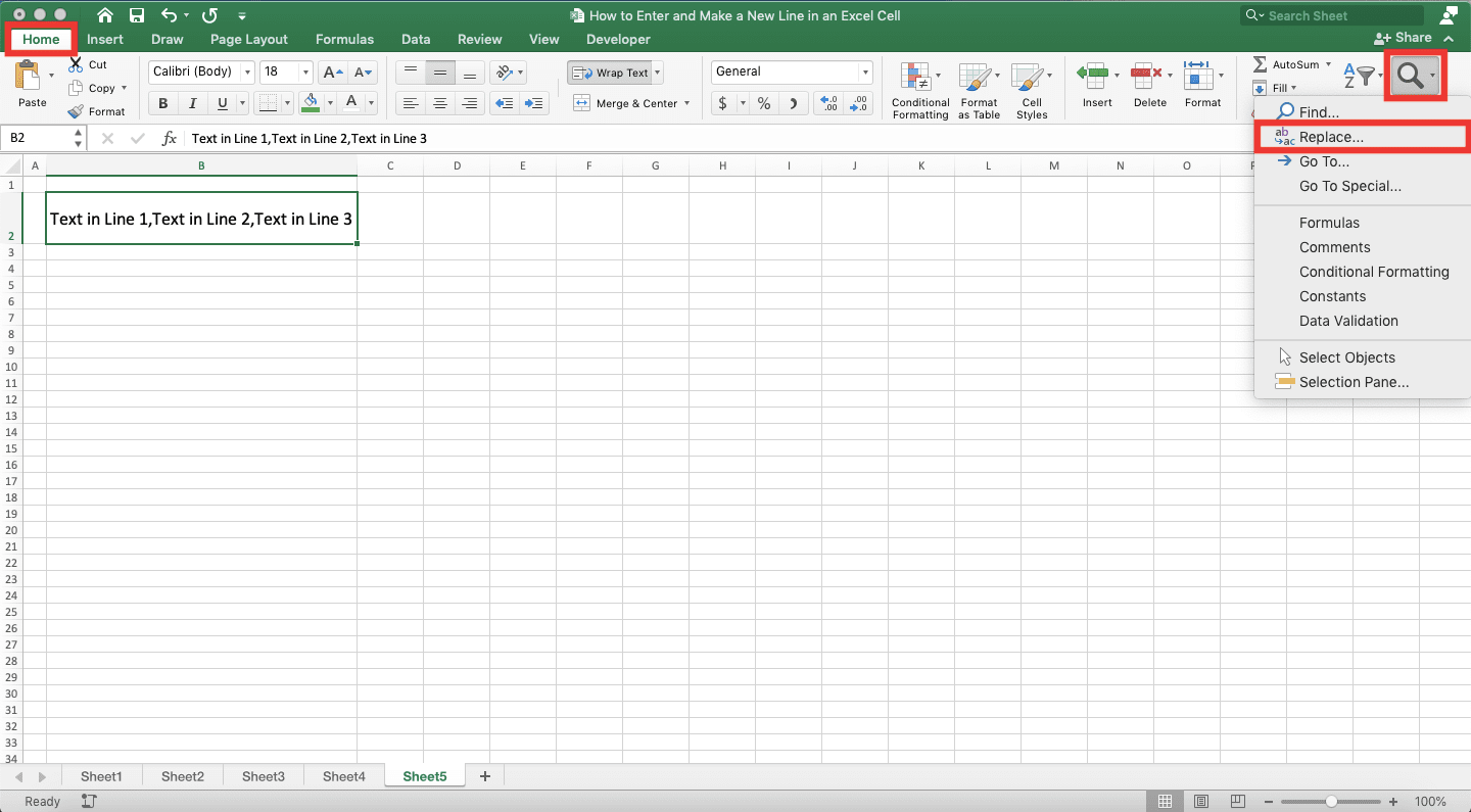 How to Enter and Make a New Line in an Excel Cell - Screenshot of the Location for the Find & Replace Feature in Excel