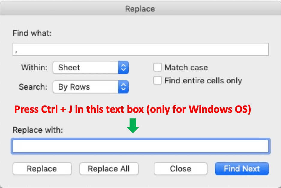 How to Enter and Make a New Line in an Excel Cell - Screenshot of the Find & Replace Dialog Box Settings Example to Make a New Line in an Excel Text