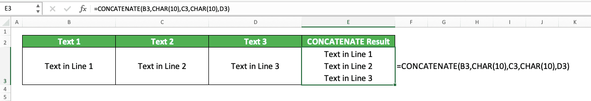 How to Enter and Make a New Line in an Excel Cell - Screenshot of the CHAR(10) Formula Implementation Example to Make a New Line in an Excel Text