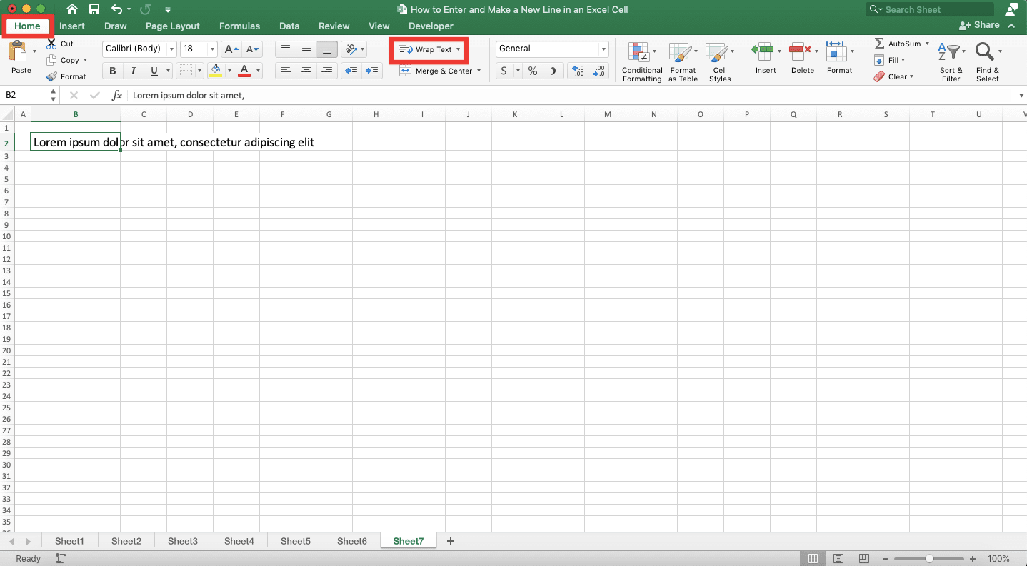 How to Enter and Make a New Line in an Excel Cell - Screenshot of the Wrap Text Button Location in Excel