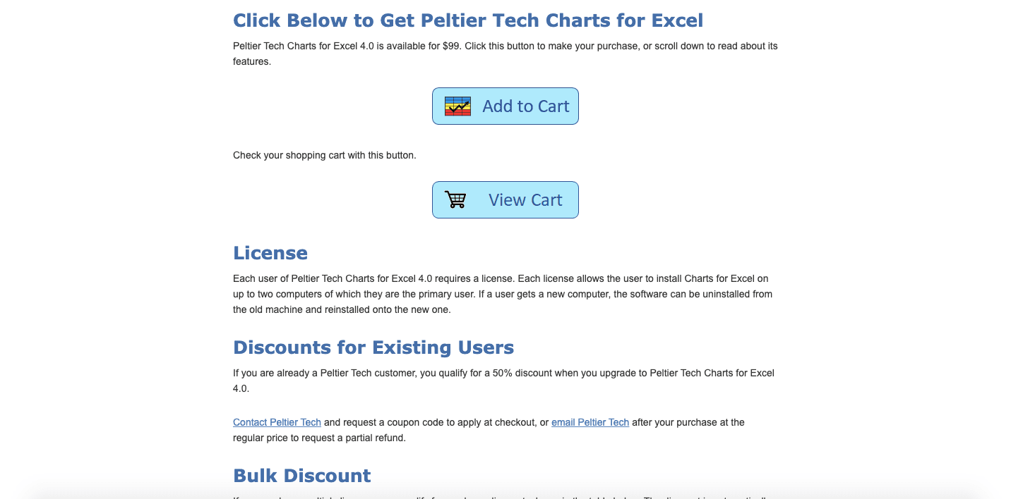 12 Best Excel Add-Ins of 2023 - Peltier Tech Charts Pricing Screenshot