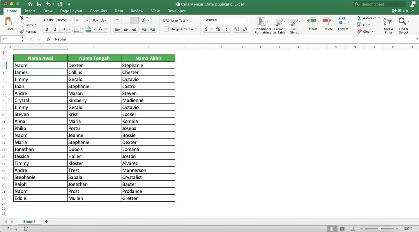 How to Find Duplicates in Excel - Screenshot of the Data Table to Give an Example for Finding Duplicates in Excel Using Conditional Formatting