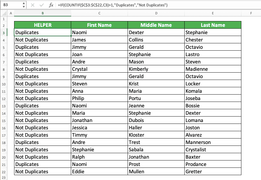 How to Find Duplicates in Excel - Screenshot of the Example for the Result of Finding Duplicates in Excel Using IF COUNTIF