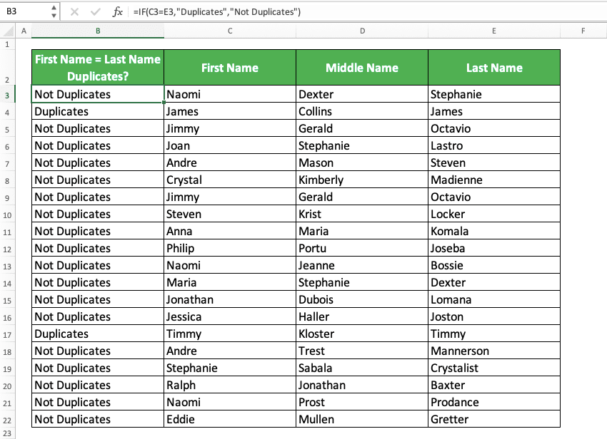 How to Find Duplicates in Excel - Screenshot of the Example for the Result of Finding Duplicates in Two Columns in Excel per Row