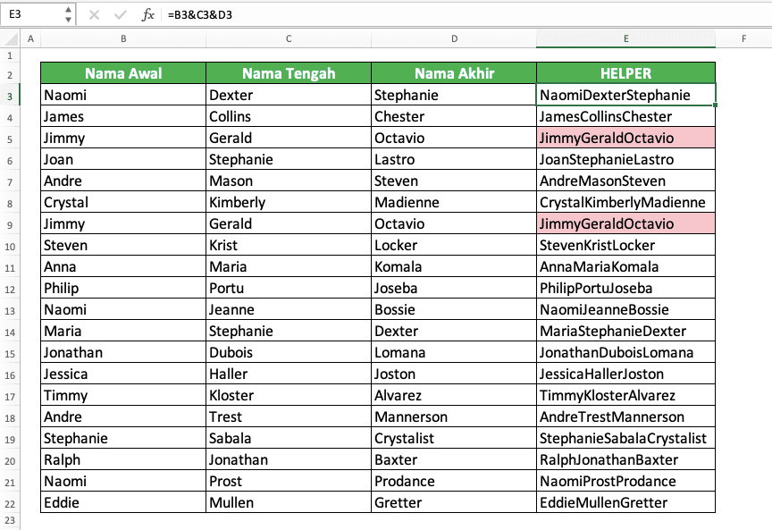 How to Find Duplicates in Excel - Screenshot of the Result Example of Finding Row Duplicates in Excel Using Conditional Formatting