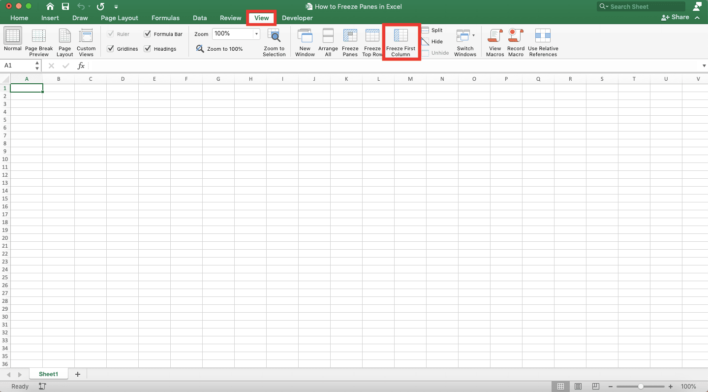 How to Freeze Panes in Excel - Screenshot of the Freeze First Column Button Location in Excel