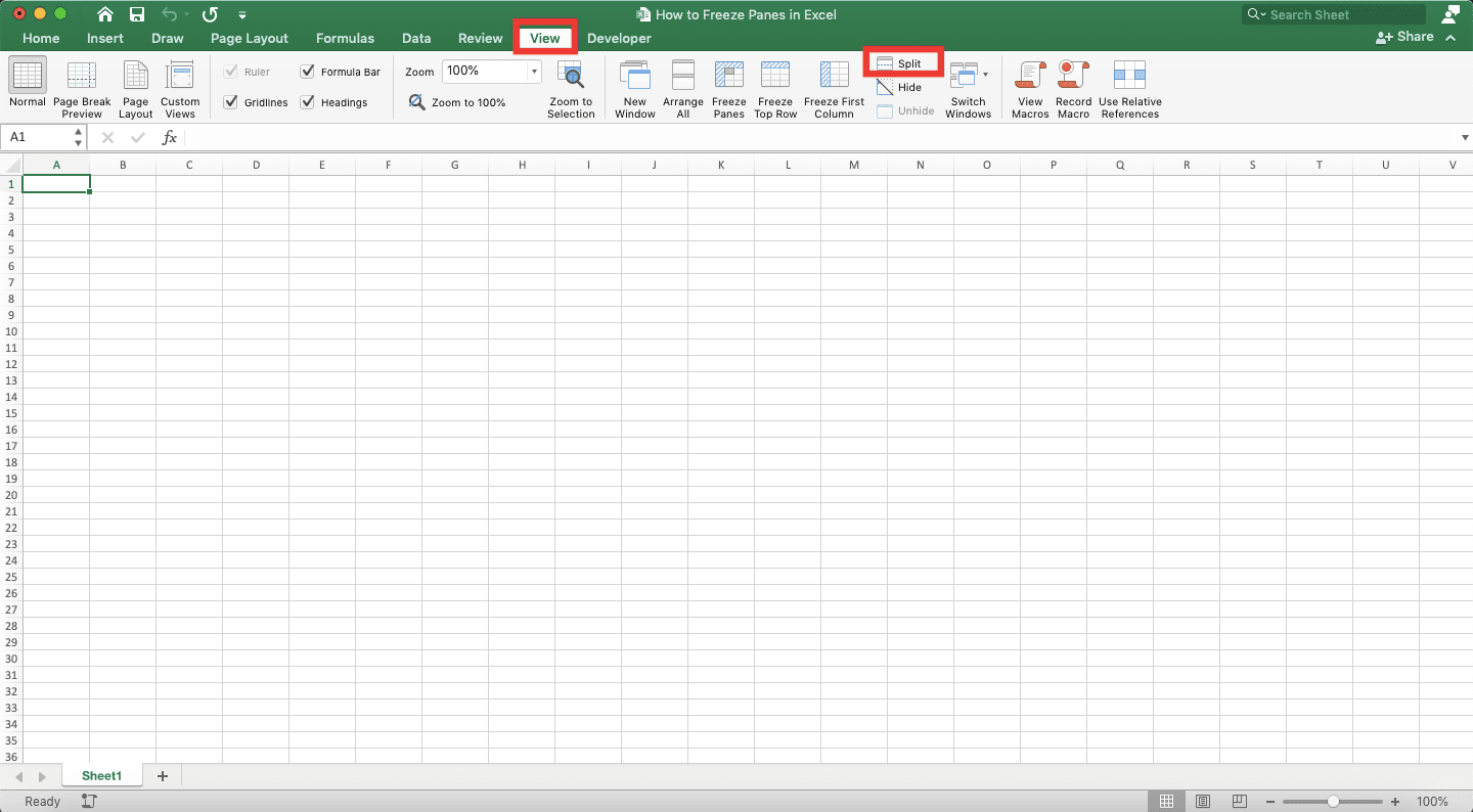 How to Freeze Panes in Excel - Screenshot of the Split Button Location in Excel