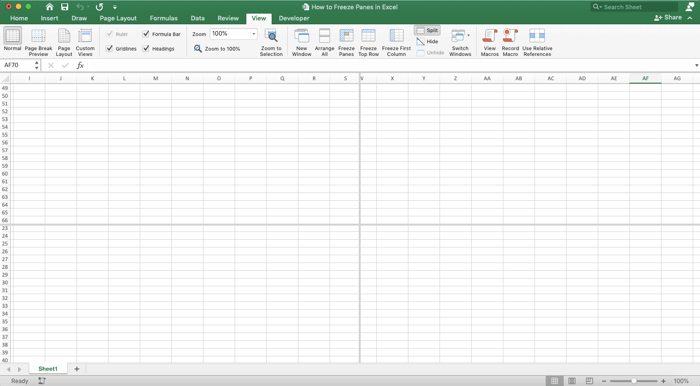 How to Freeze Panes in Excel - Screenshot of the Split View Result in Excel