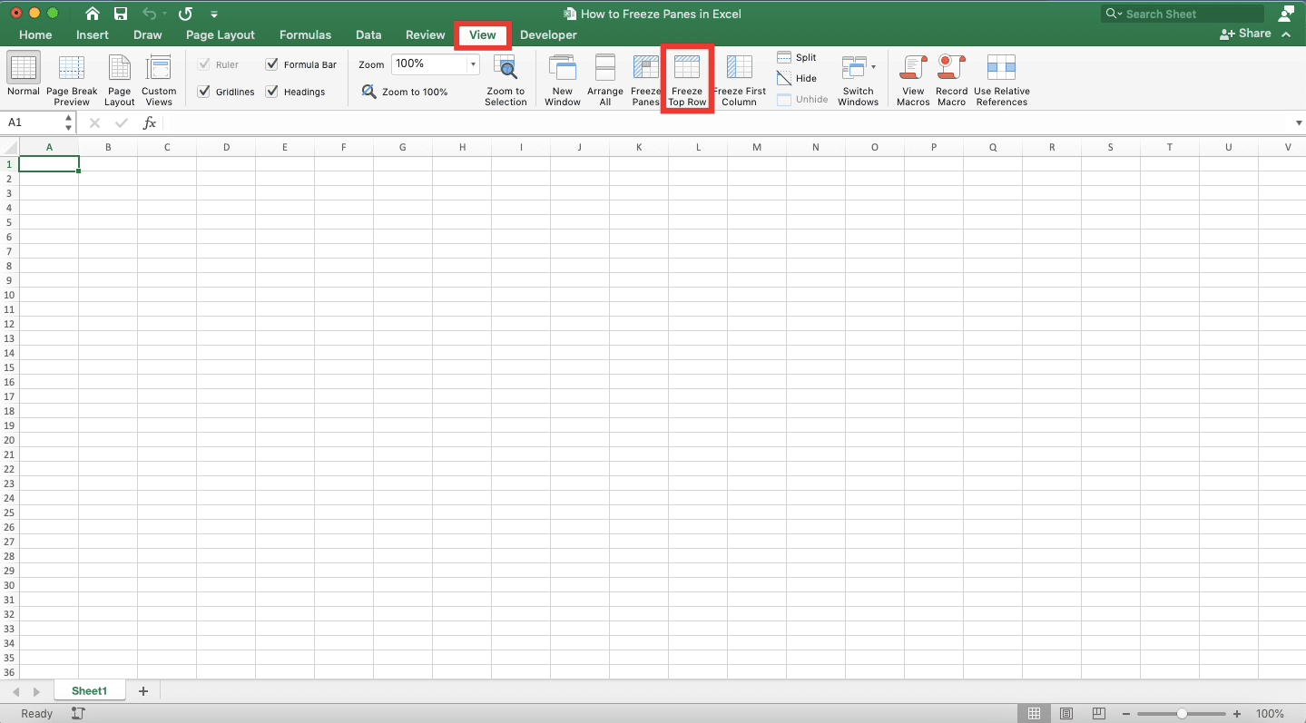 How to Freeze Panes in Excel - Screenshot of the Freeze Top Row Button Location in Excel