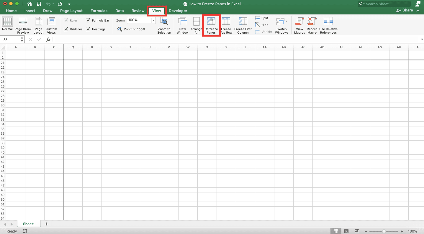 How to Freeze Panes in Excel - Screenshot of the Unfreeze Panes Button Location in Excel