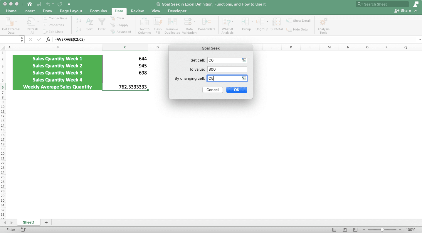 Goal Seek in Excel: Definition, Functions, and How to Use It - Screenshot of the Goal Seek Inputs Example