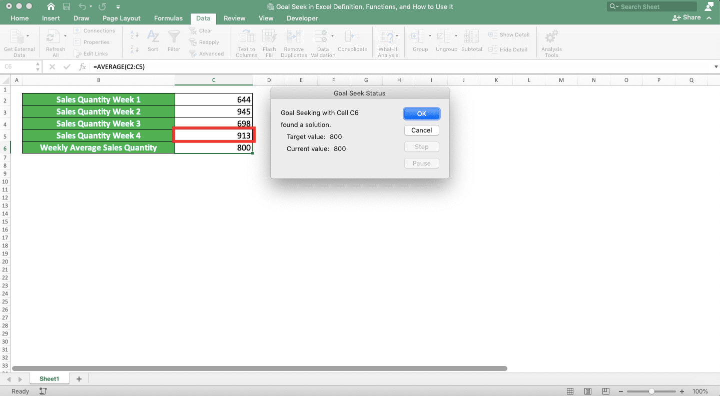 Goal Seek in Excel: Definition, Functions, and How to Use It - Screenshot of the Goal Seek Result Example
