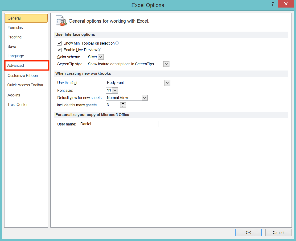 How to Remove Gridlines in Excel - Screenshot of the Excel Options Method, Step 3
