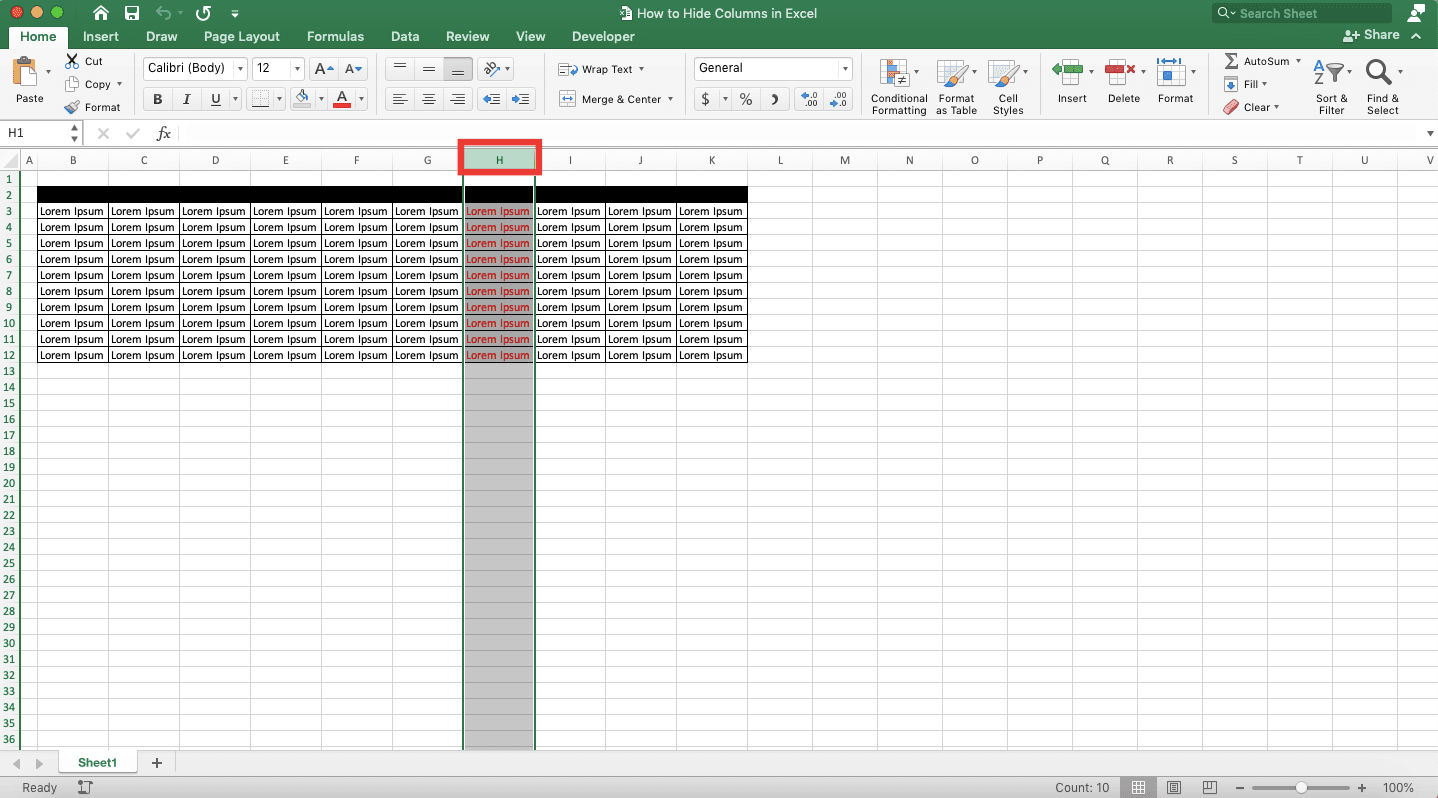 How to Hide Columns in Excel - Screenshot of Step 1, Format Button Method