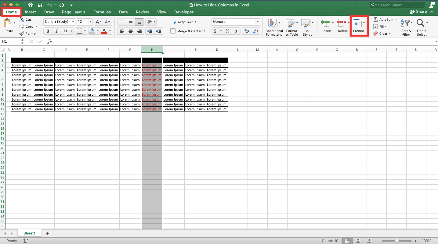 How to Hide Columns in Excel - Screenshot of Step 2, Format Button Method