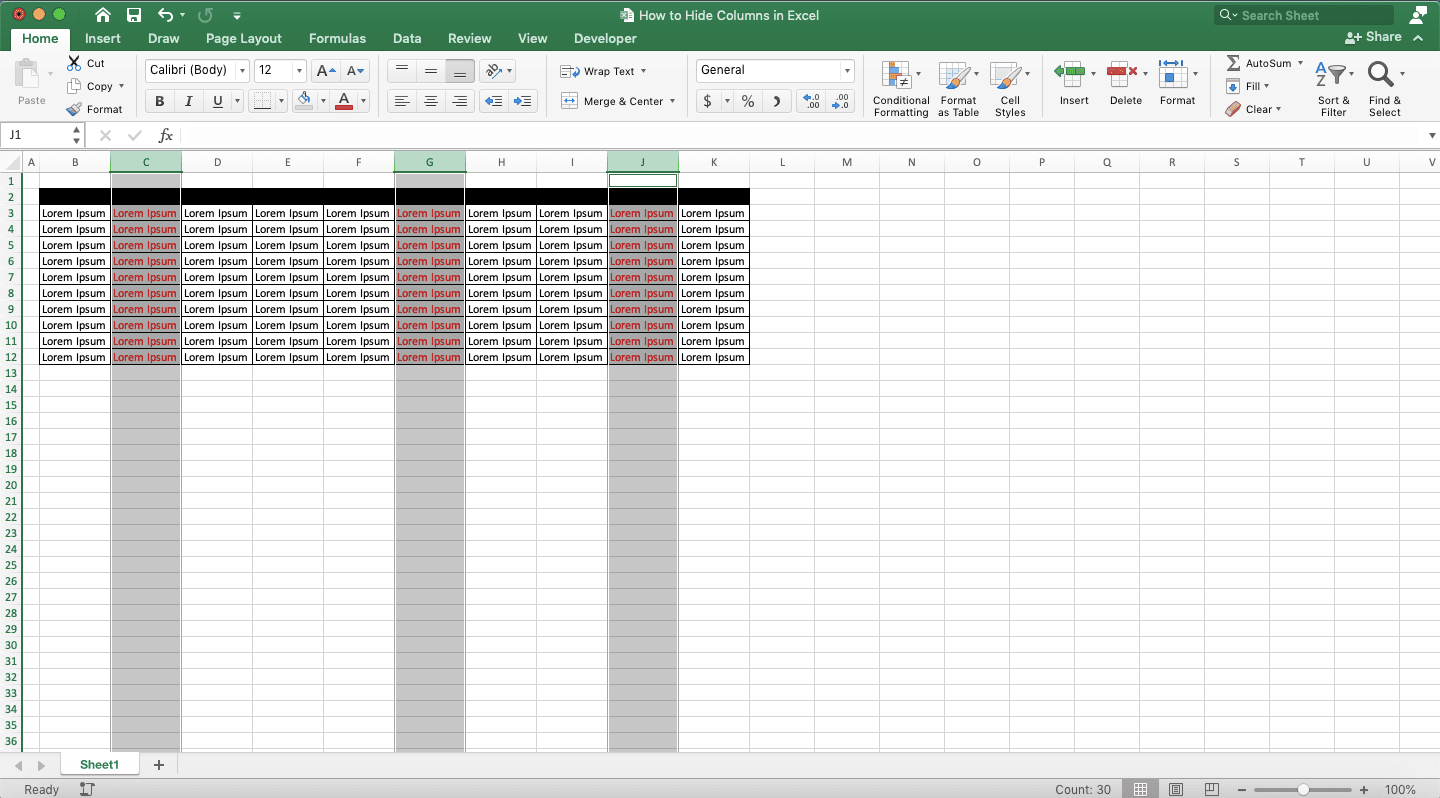 How to Hide Columns in Excel - Screenshot of an Example of the Result of Highlighting Multiple Non-Adjacent Columns